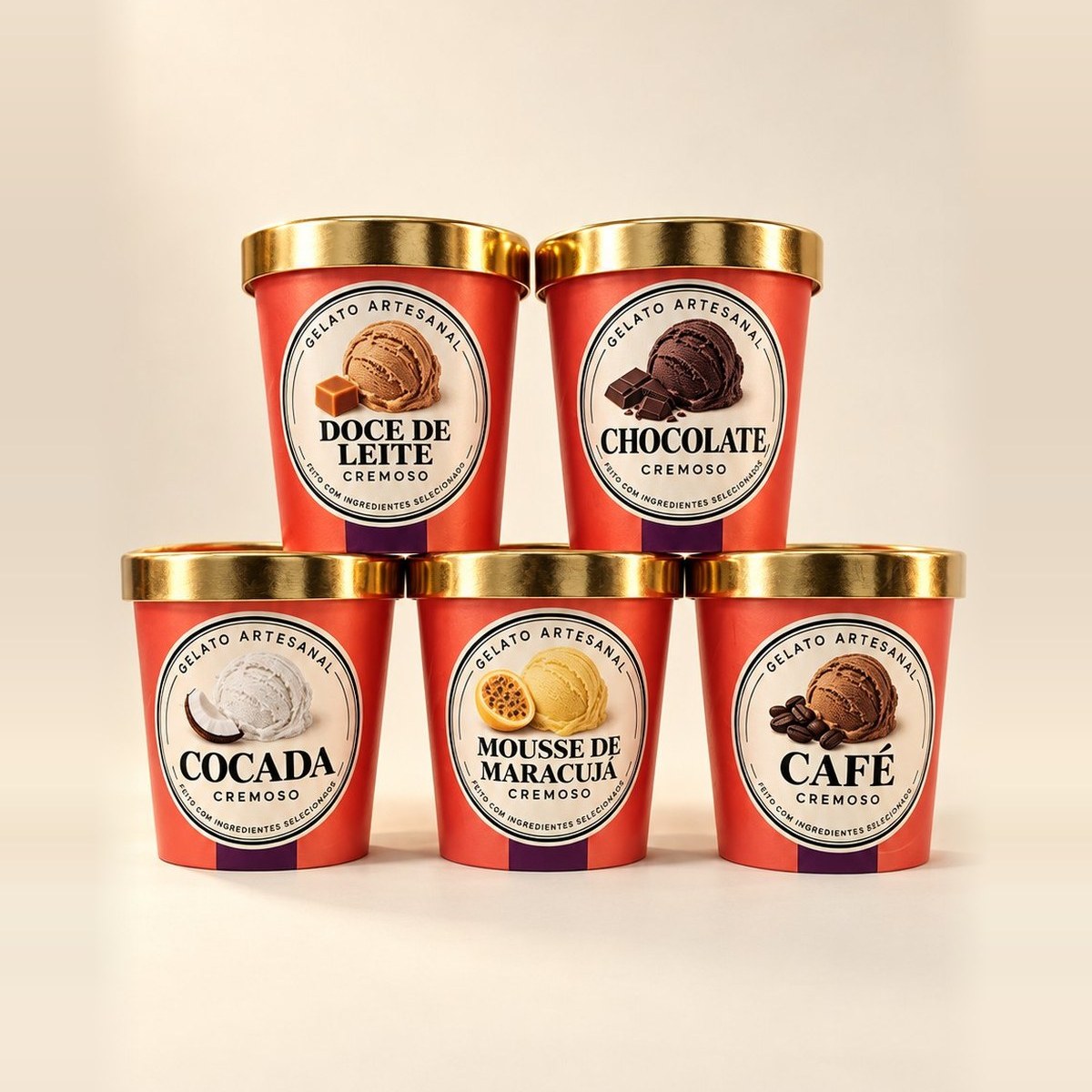Potes de gelato Polo do Vale nos sabores doce de leite, chocolate, cocada, mousse de maracujá e café
