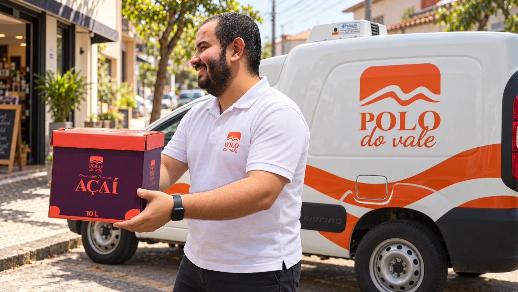 Entregador da Polo do Vale com caixa de açaí ao lado da van